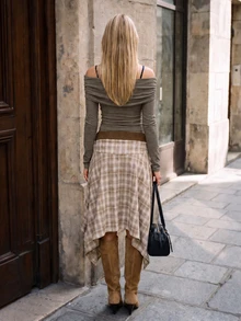 MainGRL Women's Brown Plaid Casual Versatile Sweet And Spicy Everyday Skirt - Multicolor - View 5