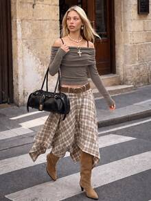 MainGRL Women's Brown Plaid Casual Versatile Sweet And Spicy Everyday Skirt - Multicolor - View 2