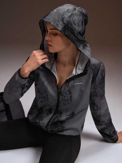 Powerista Jaket Olahraga Wanita Lengan Panjang Longgar Motif Marmer Hitam dan Abu-abu untuk Kebugaran Sehari-hari, Olahraga, Lari, Yoga, dan Aktivitas Dalam dan Luar Ruangan.