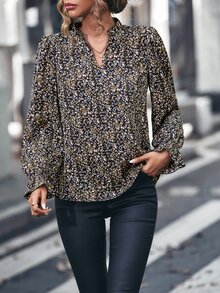 SHEIN 小碎花印花缺口领荷叶边袖衬衫，长袖上衣 - 咖啡棕 - 查看 4