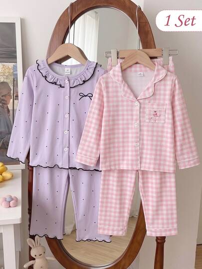 SHEIN Girls' Sweet Cute Elegant Casual Daily Comfortable Soft Skin-Friendly Knitted Fabric Pink Plaid Print Ballet Girl Embroidered Button-Front Long Sleeve Top And Pants Pajama Set, 2 Pieces Loungewear