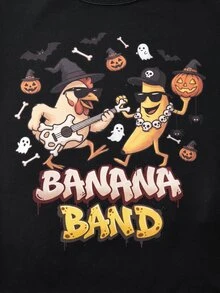 SHEIN 2pcs Kids Tween Boy Casual Daily Comfortable Printed Banana Chicken Pattern Crew Neck Pullover Pajama Top And Long Pants Knit Loungewear Set, Suitable For Halloween - Black - View 5