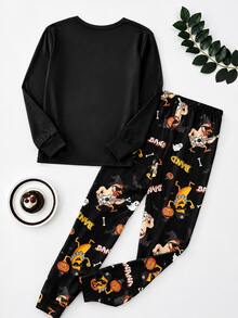 SHEIN 2pcs Kids Tween Boy Casual Daily Comfortable Printed Banana Chicken Pattern Crew Neck Pullover Pajama Top And Long Pants Knit Loungewear Set, Suitable For Halloween - Black - View 3