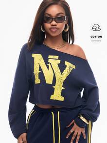 Vadaroq Women's Street Style Sexy Letter Print Asymmetric Neck Cropped T-Shirt - Navy Blue - View 5