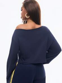 Vadaroq Women's Street Style Sexy Letter Print Asymmetric Neck Cropped T-Shirt - Navy Blue - View 4