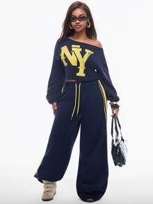 Vadaroq Women's Street Style Sexy Letter Print Asymmetric Neck Cropped T-Shirt - Navy Blue - View 2