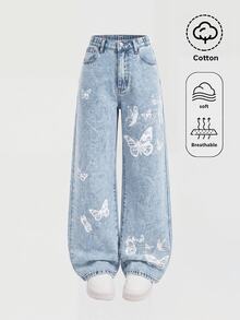 SHEIN Girlism 青少年女孩蝴蝶圖案淺藍色牛仔寬鬆長褲 秋季冬季休閒服飾 - 藍色 - 查看 5