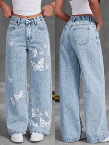 SHEIN Girlism 青少年女孩蝴蝶圖案淺藍色牛仔寬鬆長褲 秋季冬季休閒服飾 - 藍色 - 查看 2