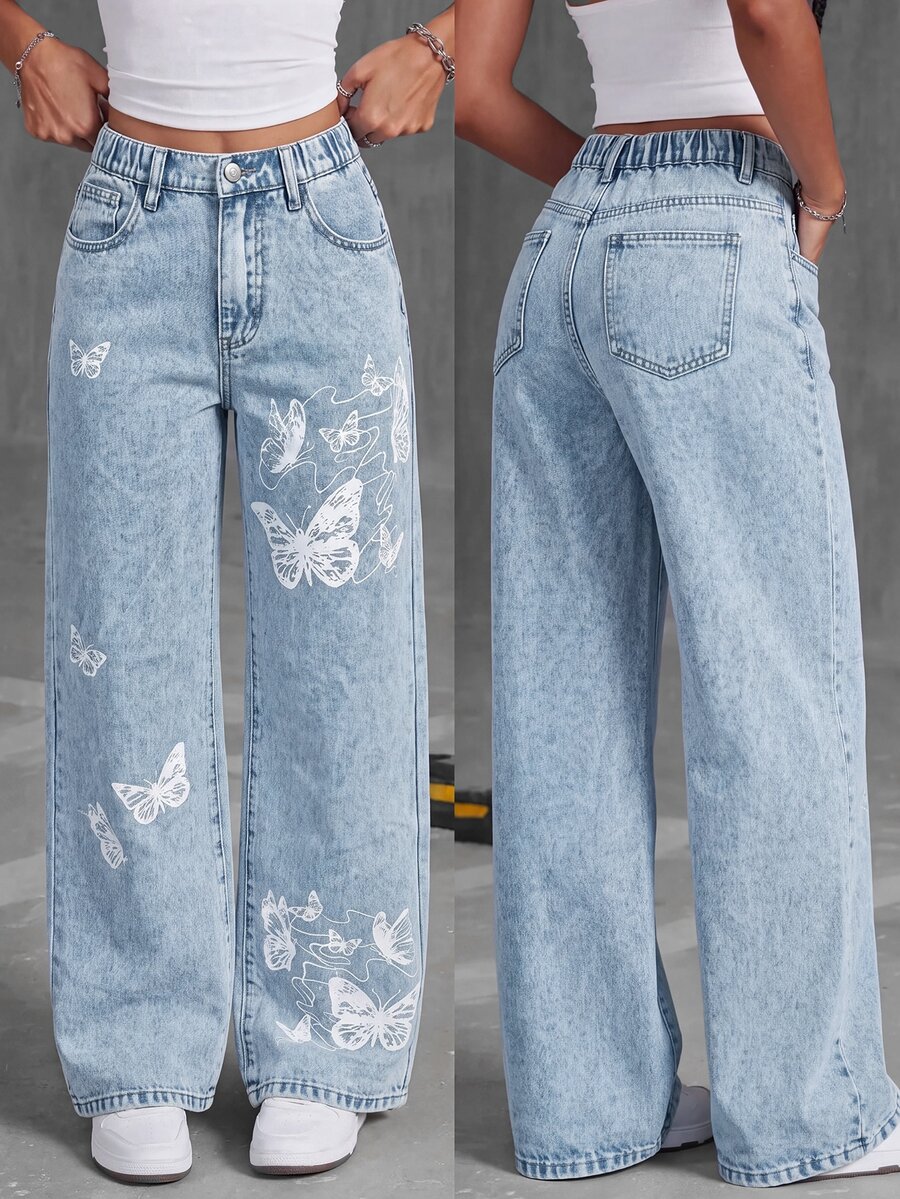 SHEIN Girlism Teen Girls Butterfly Pattern Light Blue Denim Loose Fit Long Pants Fall Clothes Winter Casual - Blue - View 1