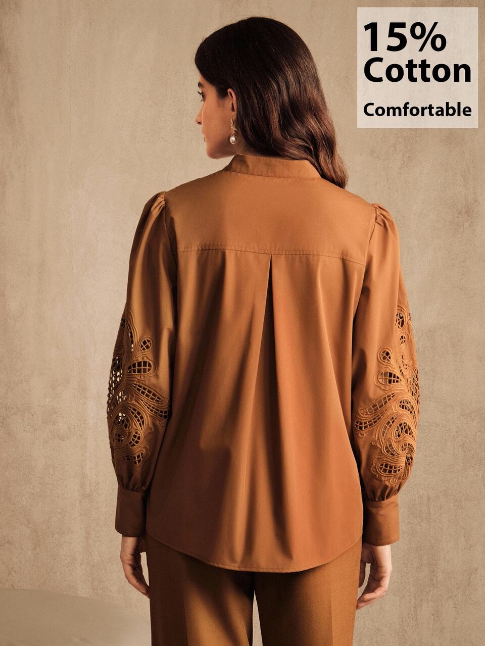 Anewsta Women's Fashion Long Sleeve Plus Size Blouse Brown With Distinctive Embroidery And Stand Collar For A Refined Style