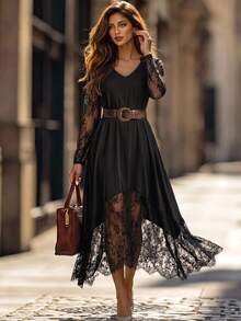 SHEIN Clasi Women's Contrast Lace Long Sleeve V-Neck Elegant Romantic Dress Halloween Dinner Night Black Autumn - Black - View 2