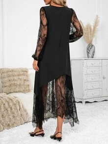 SHEIN Clasi Women's Contrast Lace Long Sleeve V-Neck Elegant Romantic Dress Halloween Dinner Night Black Autumn - Black - View 4