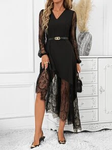 SHEIN Clasi Women's Contrast Lace Long Sleeve V-Neck Elegant Romantic Dress Halloween Dinner Night Black Autumn - Black - View 6