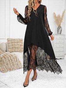 SHEIN Clasi Women's Contrast Lace Long Sleeve V-Neck Elegant Romantic Dress Halloween Dinner Night Black Autumn - Black - View 9
