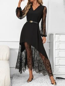 SHEIN Clasi Women's Contrast Lace Long Sleeve V-Neck Elegant Romantic Dress Halloween Dinner Night Black Autumn - Black - View 7