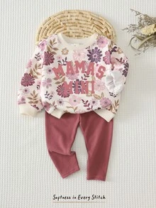 Baby Girl Casual Minimalist Loose Thick Crew Neck Sweatshirt, Floral Pattern, Elastic Waist Long Length Suitable For Autumn/Winter MAMA'MINI - Multicolor - View 3