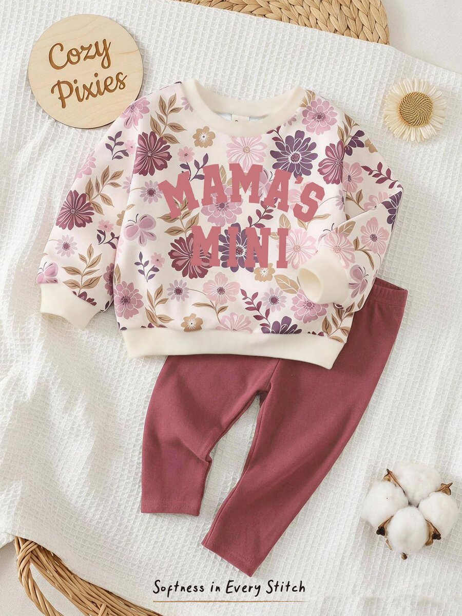 Baby Girl Casual Minimalist Loose Thick Crew Neck Sweatshirt, Floral Pattern, Elastic Waist Long Length Suitable For Autumn/Winter MAMA'MINI - Multicolor - View 1
