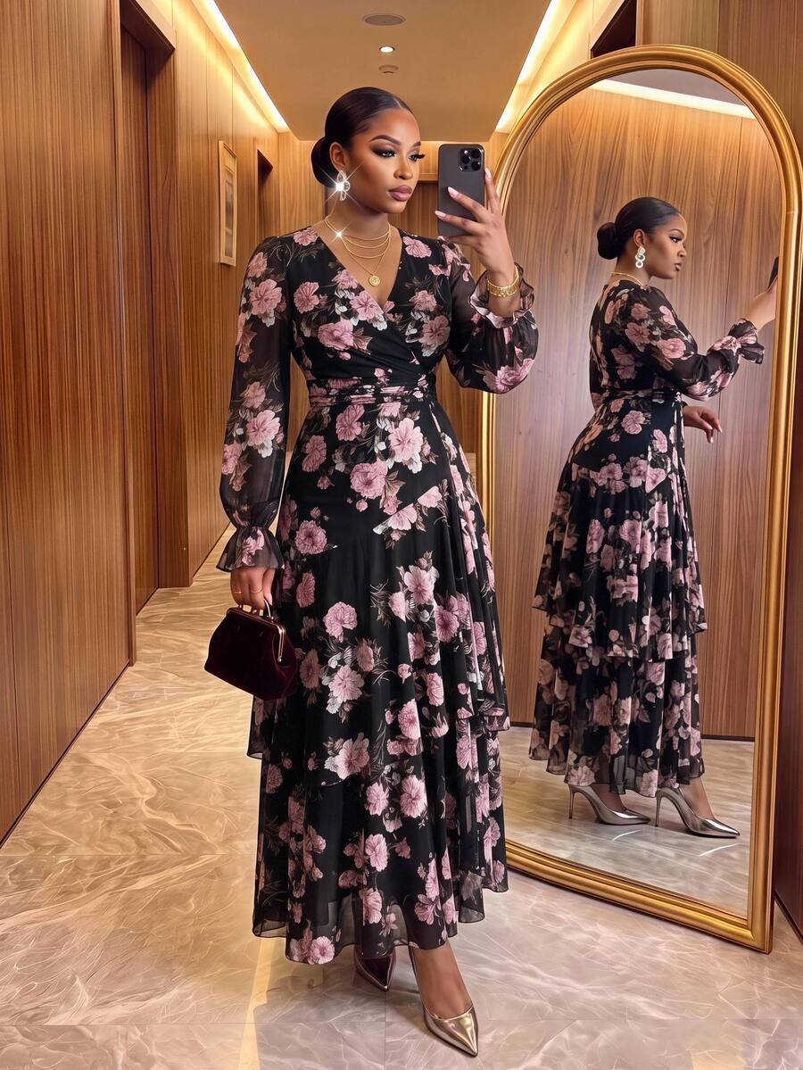 SHEIN Lady CURVE Plus Size Elegant Commuter Floral Print Dress Autumn Dinner Party Date Night Black - Multicolor - View 1