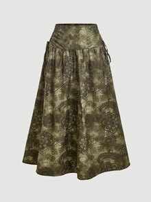 SHEIN MOD تنورة بوهو شيك للنساء بطبعة زهور مجردة وخصر برباط، تنانير بوهو للنساء، تنورة بطول متوسط بطبعة ريترو - أخضر داكن - مشاهدة 4