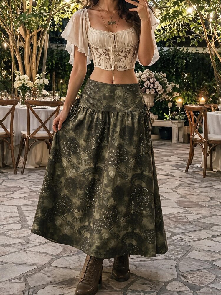 SHEIN MOD Boho Chic Women's Skirt With Abstract Floral Print And Drawstring Waist,Boho Skirts For Women,Retro Print Half-Length Skirt - Dark Green - View 1