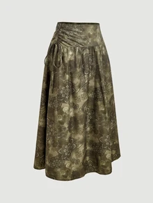SHEIN MOD تنورة بوهو شيك للنساء بطبعة زهور مجردة وخصر برباط، تنانير بوهو للنساء، تنورة بطول متوسط بطبعة ريترو - أخضر داكن - مشاهدة 8