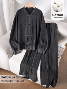 CosyJoli Plus Size Women's Dropped Shoulder Long Sleeve Frog Button Placket Jacket And Pants Casual 2 Pieces Set - Navy Blue - View 3