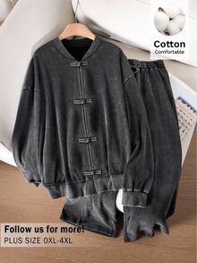 CosyJoli Plus Size Women's Dropped Shoulder Long Sleeve Frog Button Placket Jacket And Pants Casual 2 Pieces Set - Navy Blue - View 1