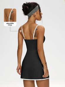 CourtClass CourtClass Women's Contrast Piping Detachable Pads Cami Activewear Dress - Black - View 2