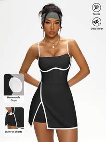 CourtClass CourtClass Women's Contrast Piping Detachable Pads Cami Activewear Dress - Black - View 3