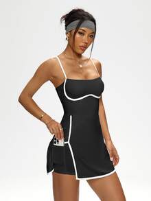 CourtClass CourtClass Women's Contrast Piping Detachable Pads Cami Activewear Dress - Black - View 6