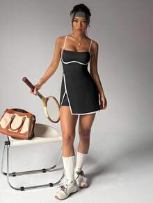 CourtClass CourtClass Women's Contrast Piping Detachable Pads Cami Activewear Dress - Black - View 4