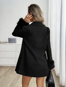 Easowa 女款優雅時尚毛邊鈕扣翻領大衣，黑色，適合秋季夜晚外出 - 駝色 - 查看 6