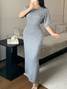 Modelyn Women's Solid Color Round Neck Casual Daily Knit Dress - Grey - View 5