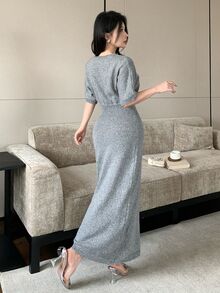 Modelyn Women's Solid Color Round Neck Casual Daily Knit Dress - Grey - View 8