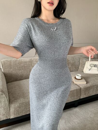 Modelyn Kadın Düz Renk Yuvarlak Yaka Günlük Rahat Örme Elbise