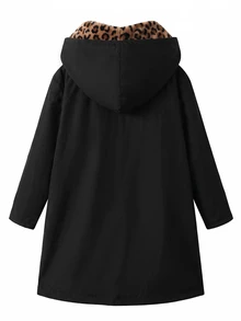 SHEIN Clasi 女款豹紋連帽外套，附口袋與長袖，秋季日常旅行穿著，黑白豹紋休閒街頭風 - 黑色 - 查看 3