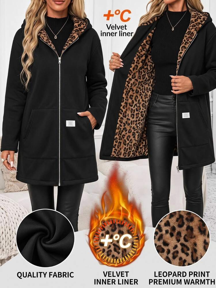 SHEIN Clasi جاكيت نسائي بطبعة نمر مع بطانية رأس وجيوب وأكمام طويلة ملابس خريفية للسفر اليومي بطبعة نمر أسود وأبيض ملابس شارع كاجوال - الأسود - مشاهدة 4
