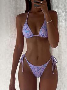 Costavie Summer Vacation Random Print Purple Shell Decor Halter Triangle Cup Bra Sexy One-Piece Swimwear Top Beach Party - Mauve Purple - View 3