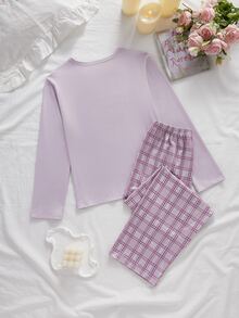 青少年女孩卡通印花長袖上衣與格紋長褲居家服套裝 - 粉色 - 查看 4