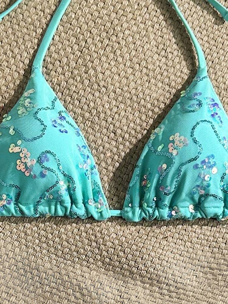 Costavie Random Gold Shell Print Halter Neck Triangle Cup Sexy Swimwear Top For Summer Vacation - Mint Blue - View 6
