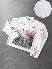 ROMWE MEN Street Life 男士花卉圖案休閒日常穿著 Polo 衫 - 白色 - 查看 2