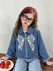 Young Girl Embroidery Mesh Beaded Sequin Bow Pattern Zip Up Denim Jacket - Medium Wash - View 7