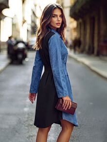 Editum Gaun Kancing Motif Denim Imitasi Warna Kontras untuk Wanita - MultiWarna - View 2