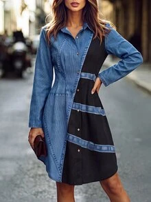 Editum Gaun Kancing Motif Denim Imitasi Warna Kontras untuk Wanita - MultiWarna - View 4