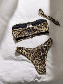 Costavie Wild Leopard Print Bikini With Shimmering Sequins, Retro Y2K Vibe, Strapless Design With Cutouts At The Chest. - Brown - View 6