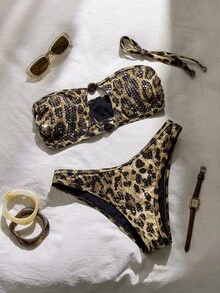 Costavie Wild Leopard Print Bikini With Shimmering Sequins, Retro Y2K Vibe, Strapless Design With Cutouts At The Chest. - Brown - View 5
