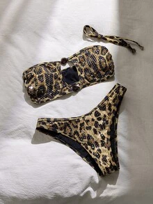 Costavie Wild Leopard Print Bikini With Shimmering Sequins, Retro Y2K Vibe, Strapless Design With Cutouts At The Chest. - Brown - View 7