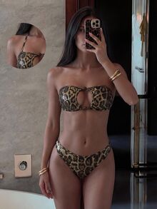 Costavie Wild Leopard Print Bikini With Shimmering Sequins, Retro Y2K Vibe, Strapless Design With Cutouts At The Chest. - Brown - View 3
