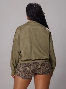 Rustia Plus Size Suede Zipper Motorcycle Style Jacket, Autumn/Winter Fall - Army Green - View 2
