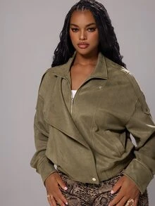 Rustia Plus Size Suede Zipper Motorcycle Style Jacket, Autumn/Winter Fall - Army Green - View 5